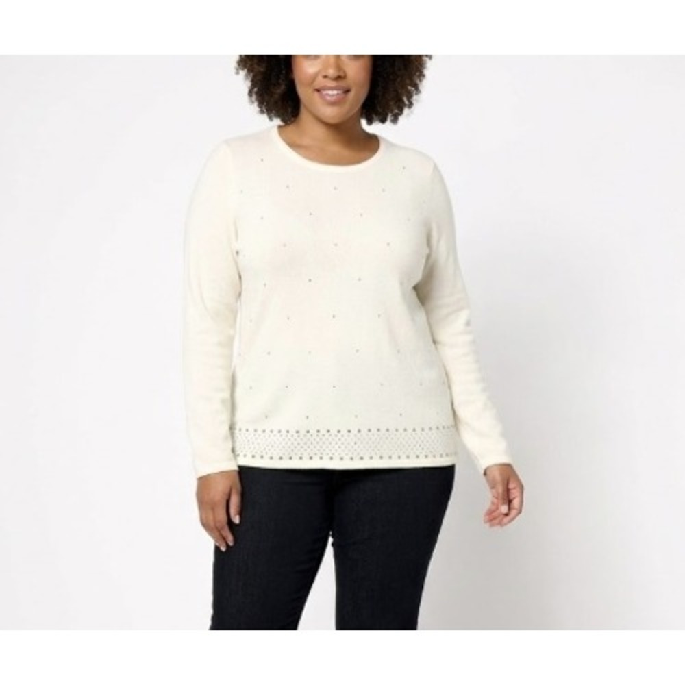 New Carolyn Taylor size XL Cream White Crew Neck Embellished‎ Light Knit Sweater